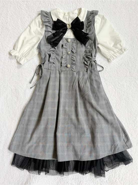 Majoretty Dresses & Skirts - Jirai Kei Ryosan Lolita Bow Lace Japan Grey Black Dress Gothic Plaid Women M